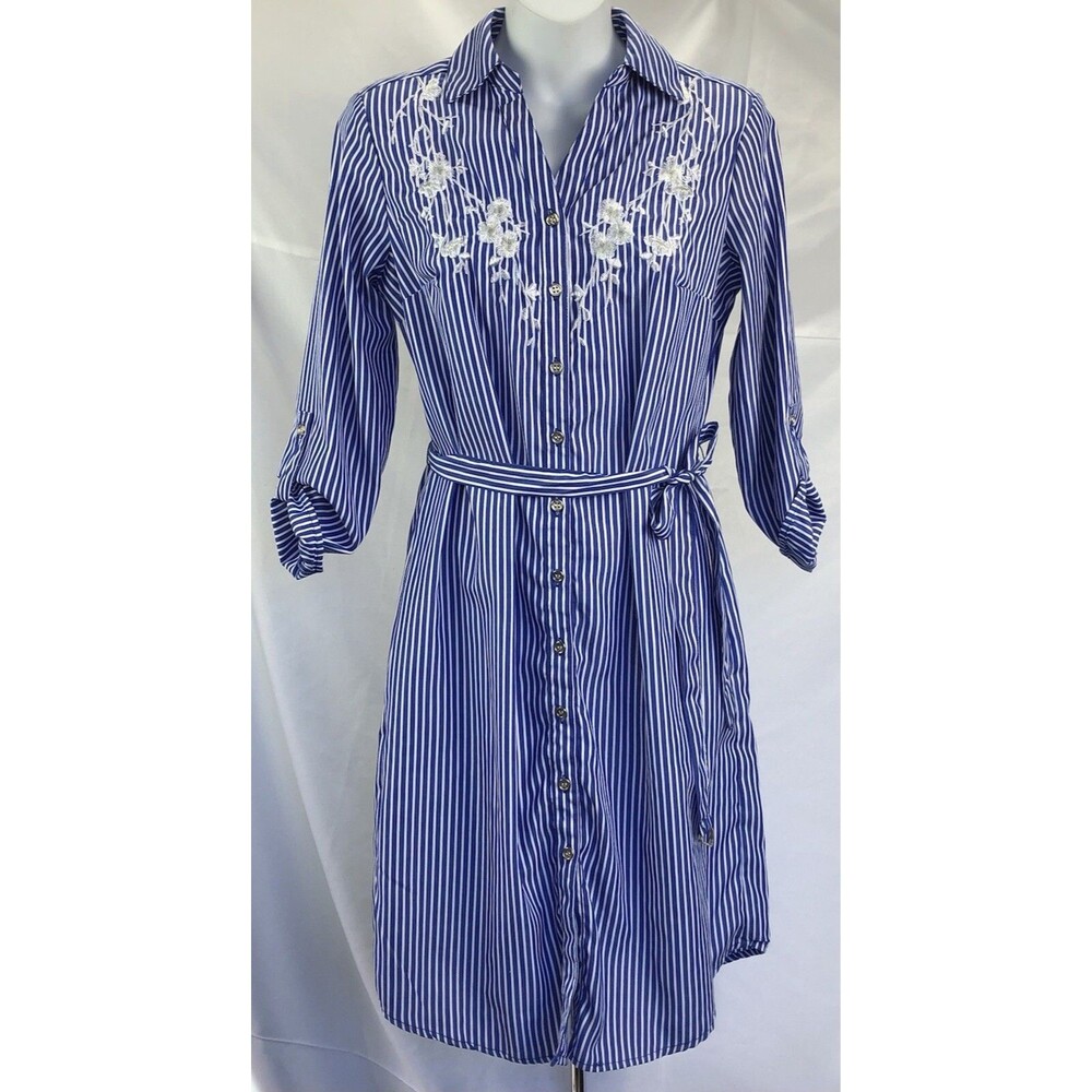 Vintage Shirt Dress S Blue/Wht Stripe knee length Roll tab CottageCore Retro